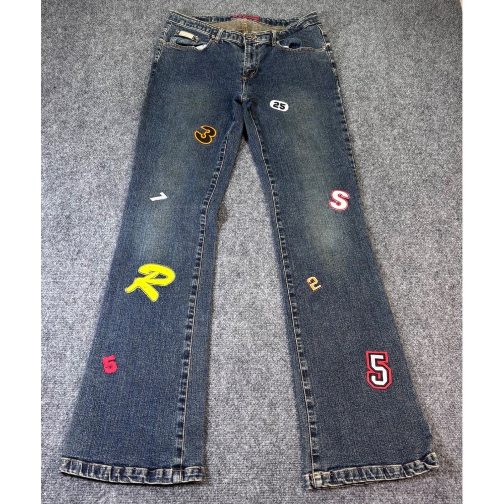 Solid Jeans Flare Denim Women Size 11 Blue Patchwork Y2K Letter Number Patches